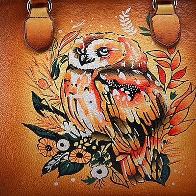 La Marey Tan Owl Hand Painted Genuine Leather Hand Tote Bag with Shoulder Strap