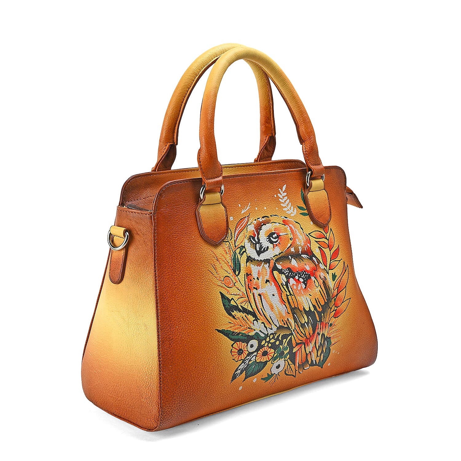 La Marey Tan Owl Hand Painted Genuine Leather Hand Tote Bag with Shoulder Strap