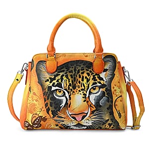La Marey Brown Leopard Hand Painted Genuine Leather Tote Bag with Shoulder Strap