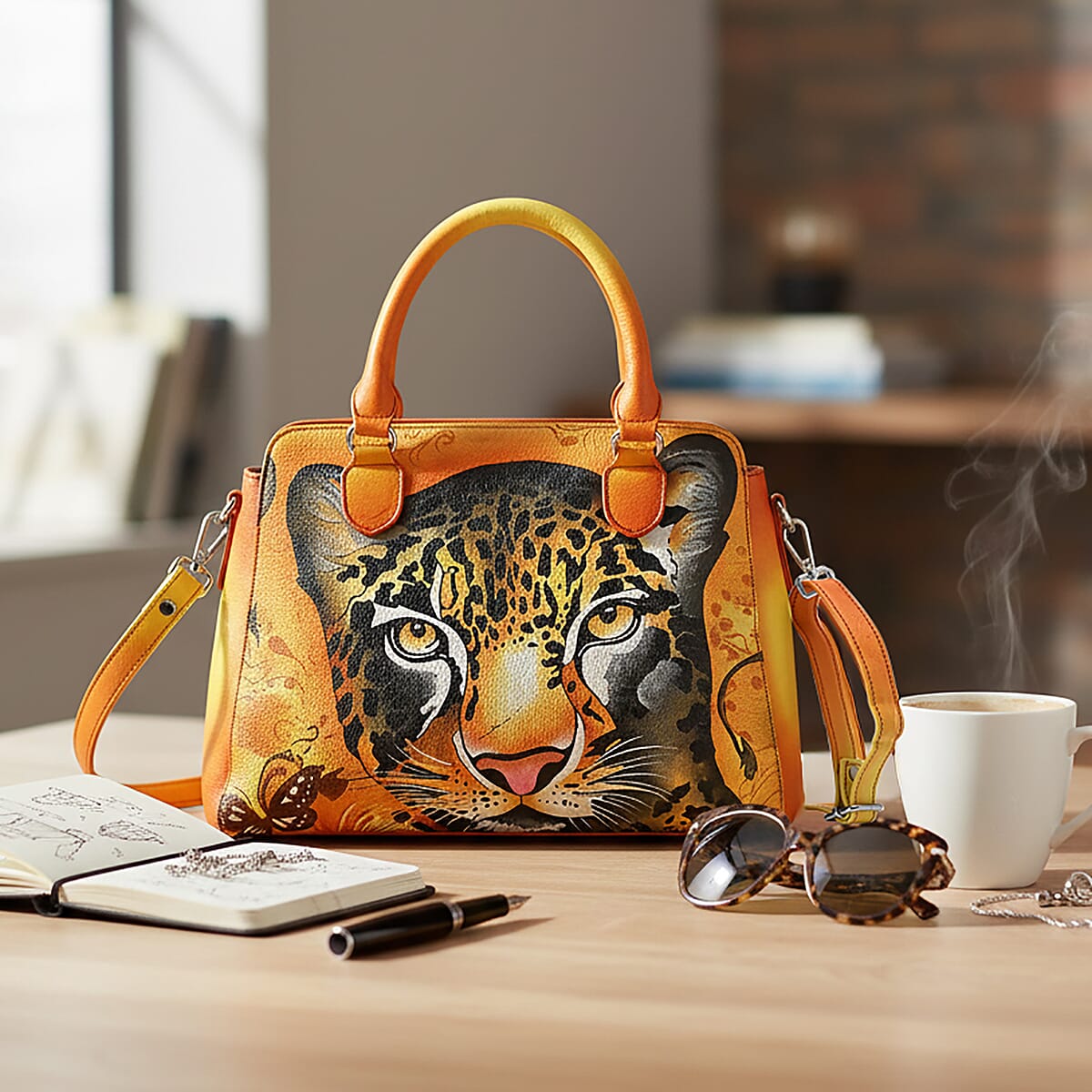 La Marey Brown Leopard Hand Painted Genuine Leather Tote Bag with Shoulder Strap image number 1