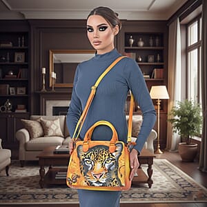 La Marey Brown Leopard Hand Painted Genuine Leather Tote Bag with Shoulder Strap