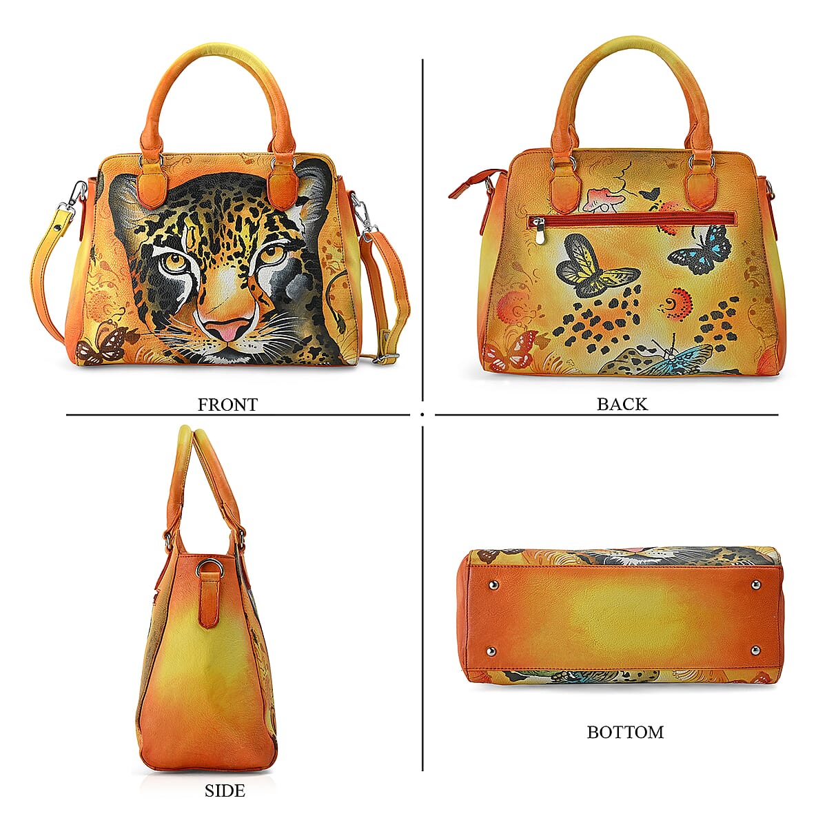 La Marey Brown Leopard Hand Painted Genuine Leather Tote Bag with Shoulder Strap image number 5