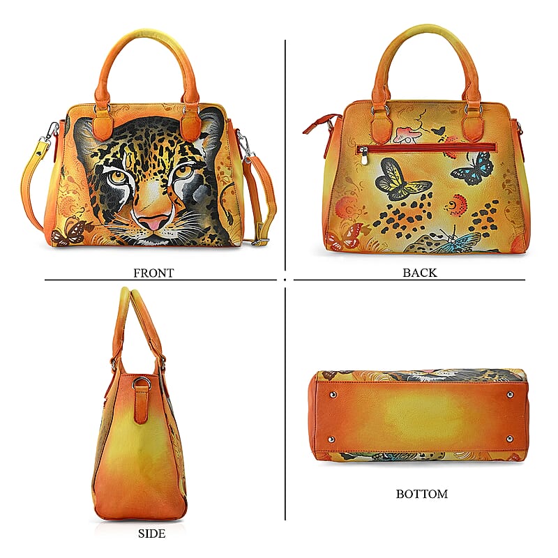 La Marey Brown Leopard Hand Painted Genuine Leather Tote Bag with Shoulder Strap
