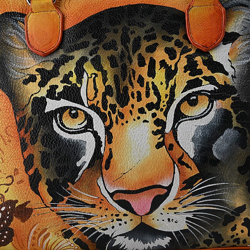 La Marey Brown Leopard Hand Painted Genuine Leather Tote Bag with Shoulder Strap