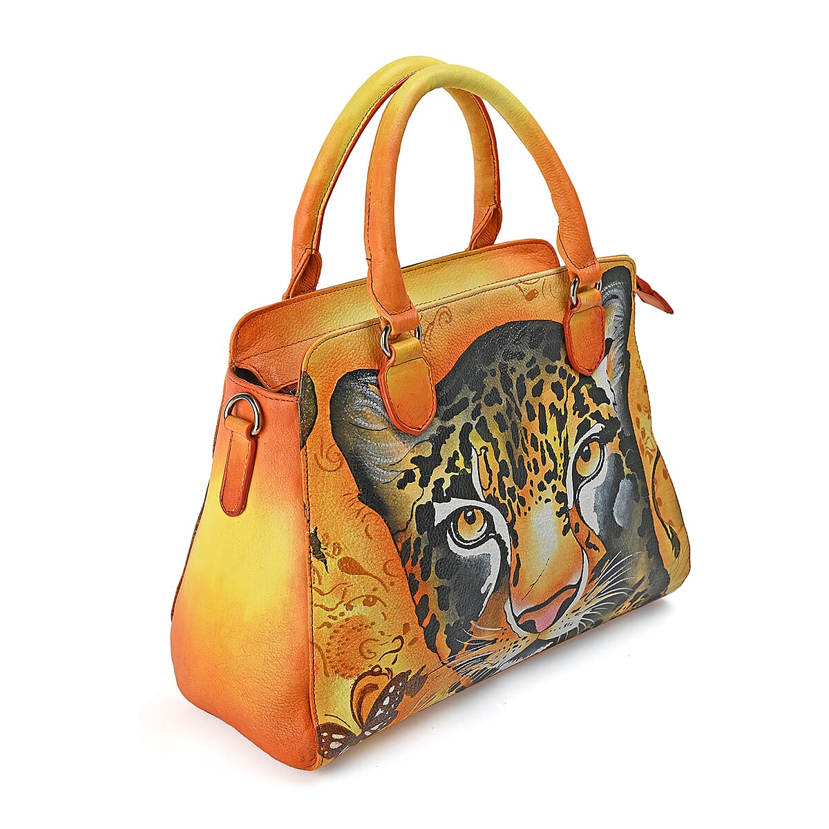 La Marey Brown Leopard Hand Painted Genuine Leather Tote Bag with Shoulder Strap image number 8
