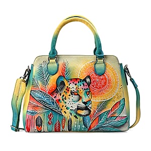La Marey Multi Color Leopard Hand Painted Genuine Leather Tote Bag with Shoulder Strap