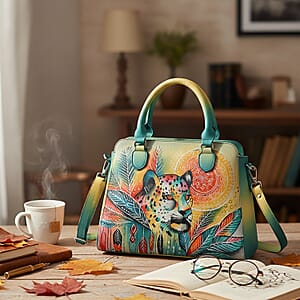 La Marey Multi Color Leopard Hand Painted Genuine Leather Tote Bag with Shoulder Strap