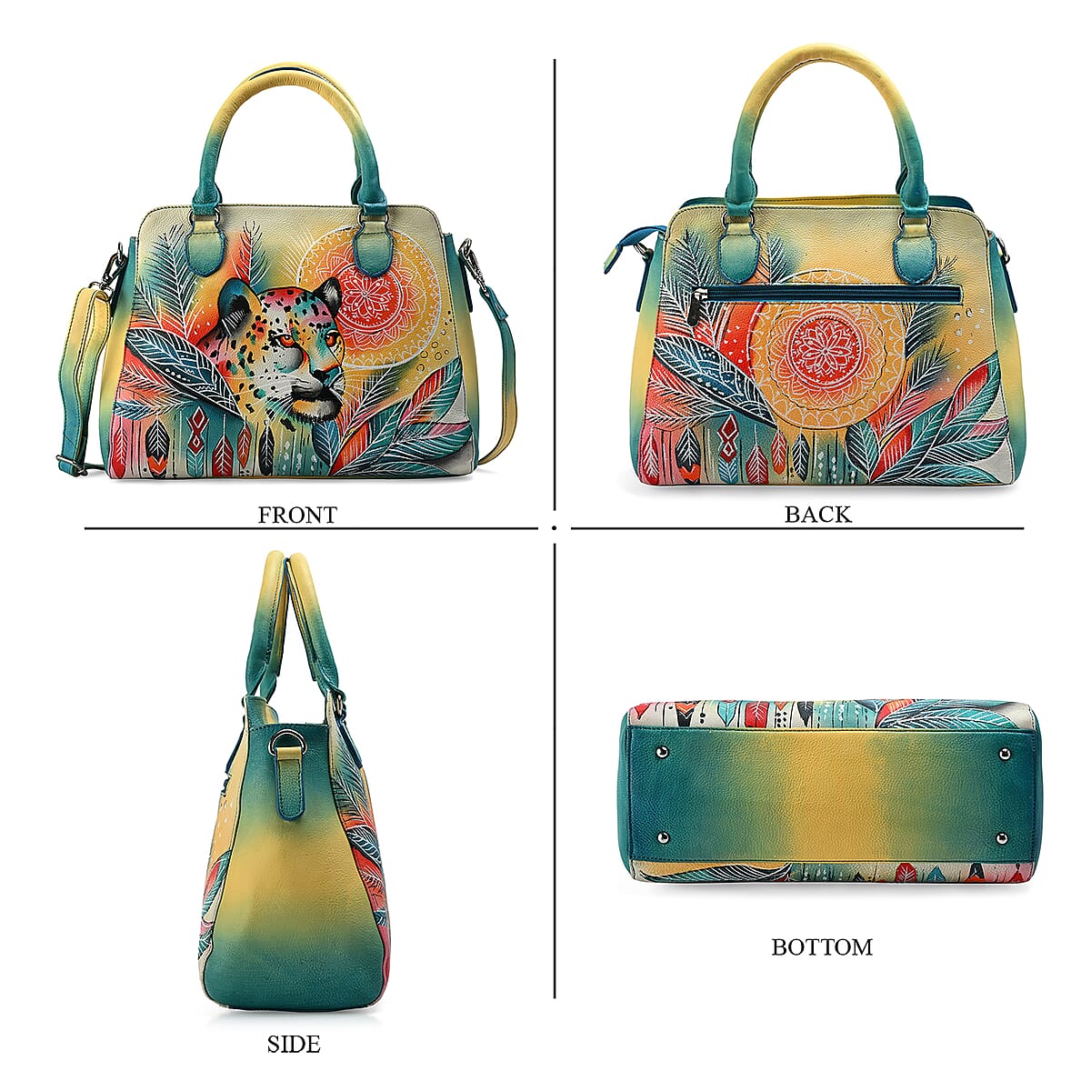 La Marey Multi Color Leopard Hand Painted Genuine Leather Tote Bag with Shoulder Strap image number 5