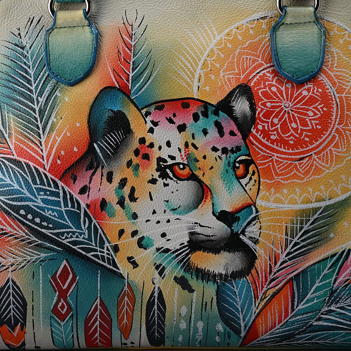 La Marey Multi Color Leopard Hand Painted Genuine Leather Tote Bag with Shoulder Strap image number 7