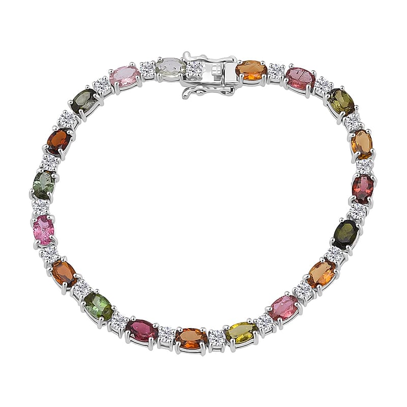 D'Joy Premium Multi-Tourmaline and Moissanite 10.25 ctw Bracelet in Rhodium Over Sterling Silver (7.25 In)