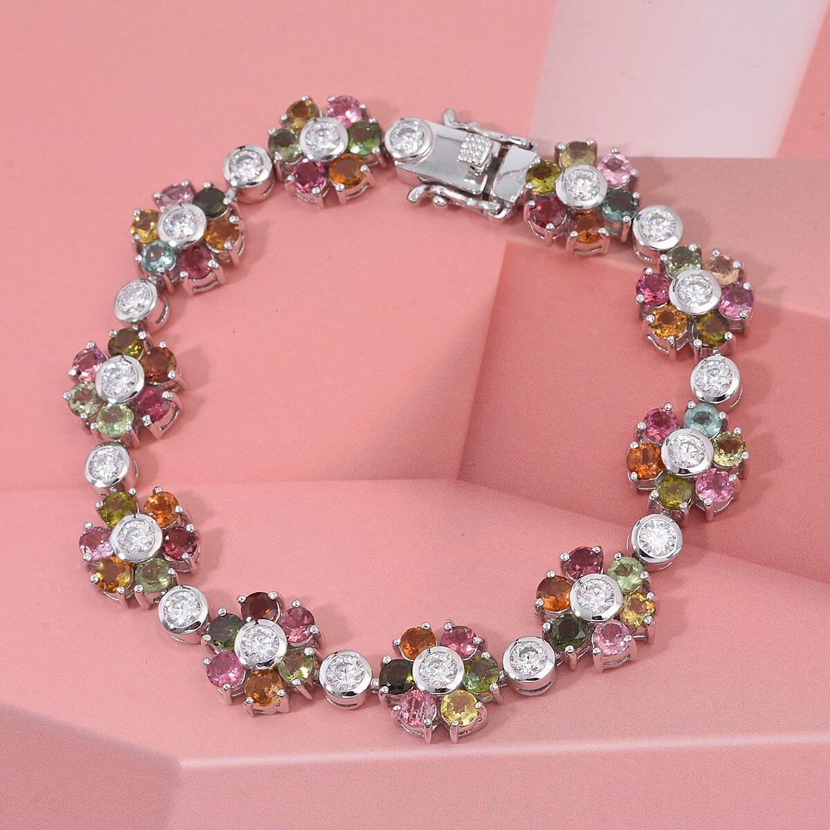 D'Joy Premium Multi-Tourmaline and Moissanite 16.15 ctw Floral Bracelet in Rhodium Over Sterling Silver (8.00 In) image number 1