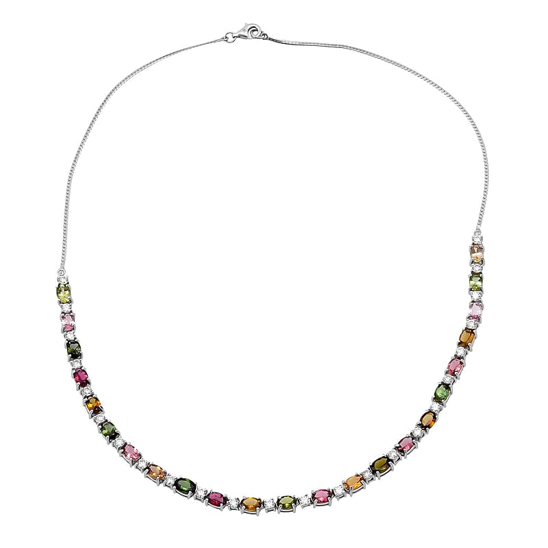 D'Joy Premium Multi-Tourmaline and Moissanite 12.50 ctw Floral Necklace in Rhodium Over Sterling Silver 18 Inches