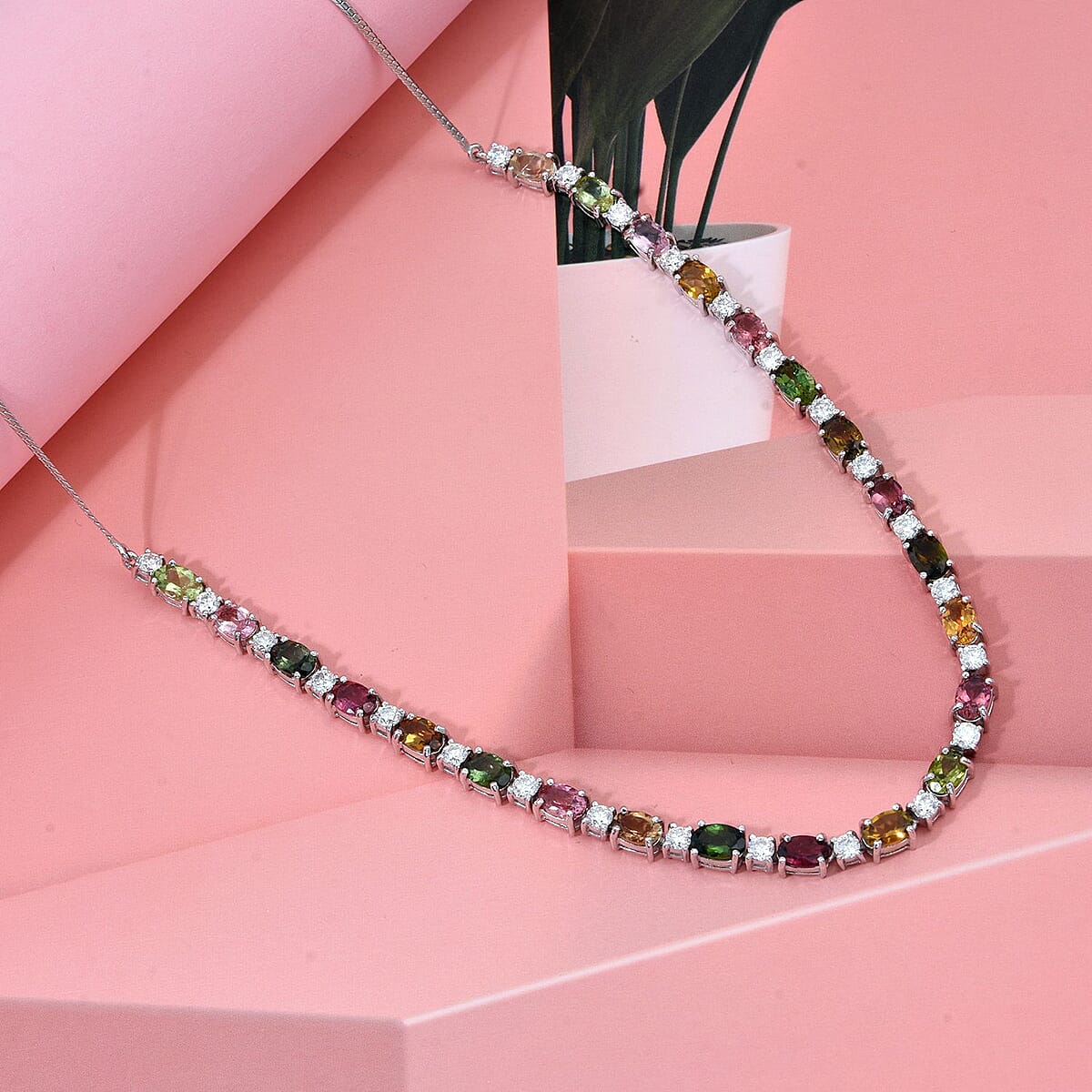 D'Joy Multi-Tourmaline and Moissanite 12.50 ctw Necklace in Rhodium Over Sterling Silver 18 Inches image number 2
