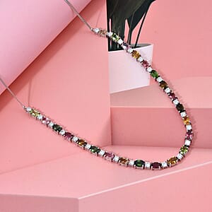 D'Joy Premium Multi-Tourmaline and Moissanite 12.50 ctw Floral Necklace in Rhodium Over Sterling Silver 18 Inches