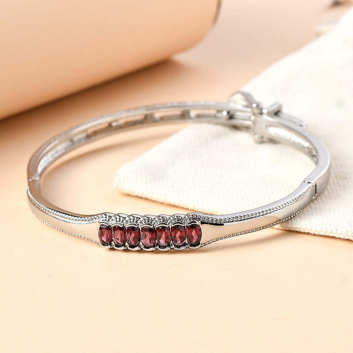 EverTrue Orissa Rhodolite Garnet 2.15 ctw Bangle Bracelet in Stainless Steel (6.50 In) image number 1