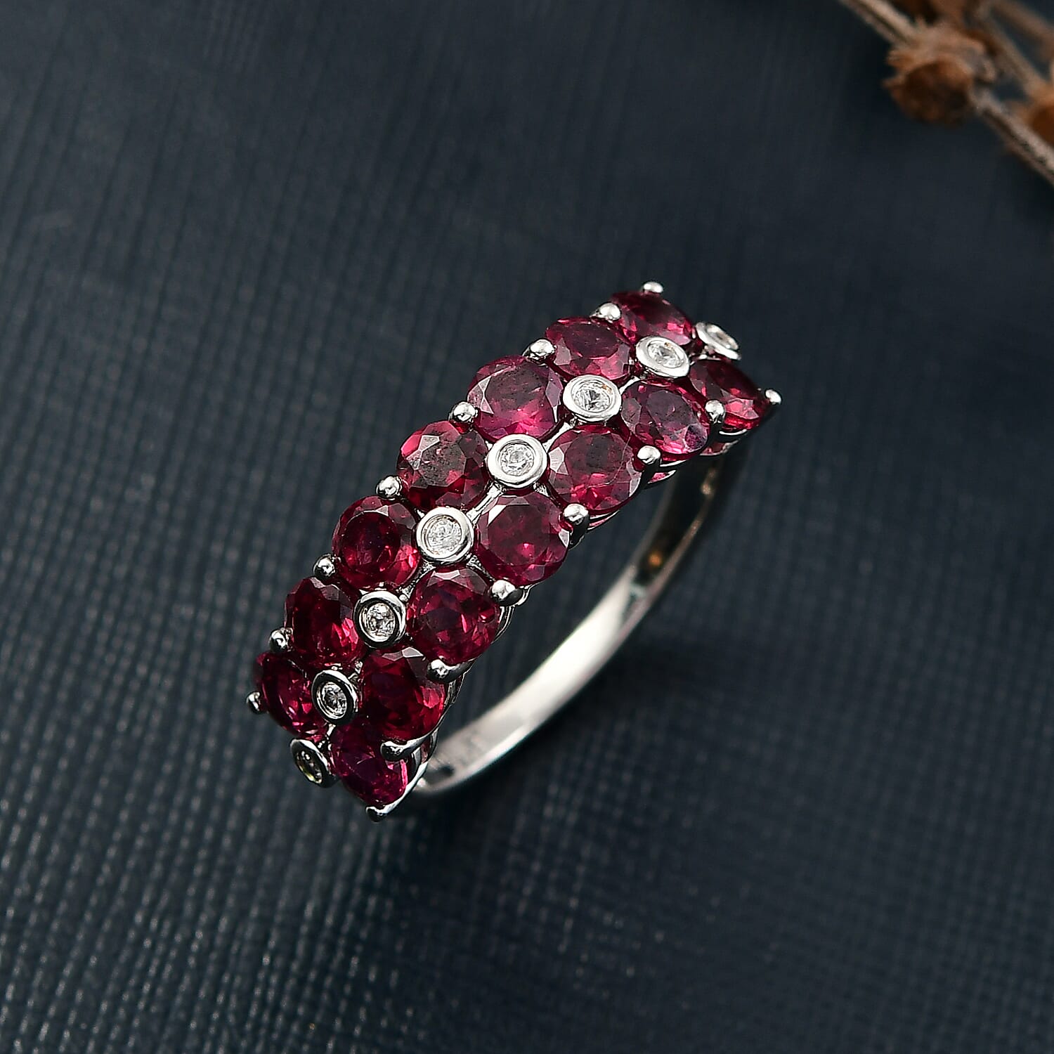 EverTrue Orissa Rhodolite Garnet and White Zircon 4.65 ctw Blooming Vine Ring in Platinum Bond (Size 10.0)