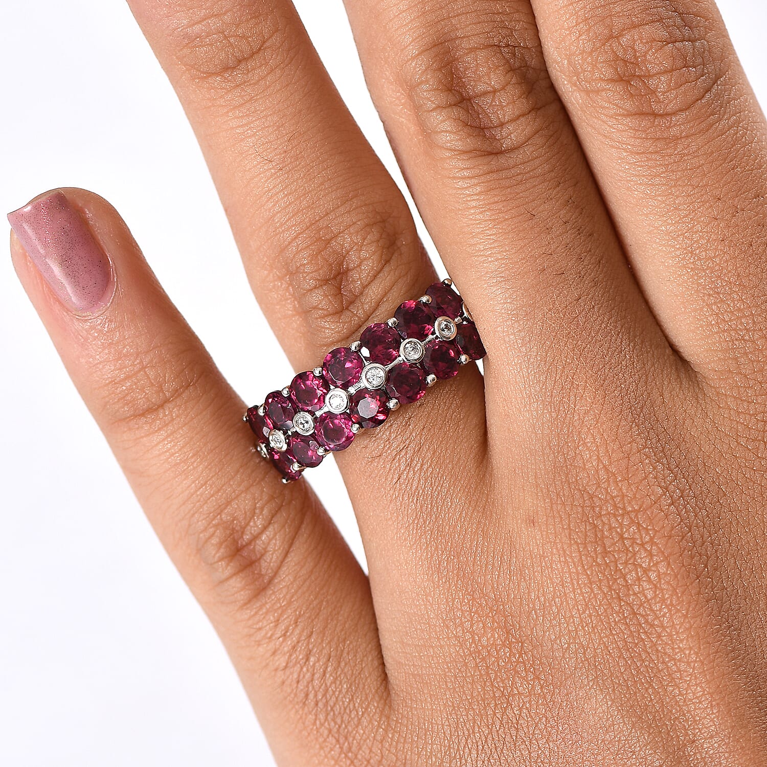 EverTrue Orissa Rhodolite Garnet and White Zircon 4.65 ctw Blooming Vine Ring in Platinum Bond (Size 10.0)