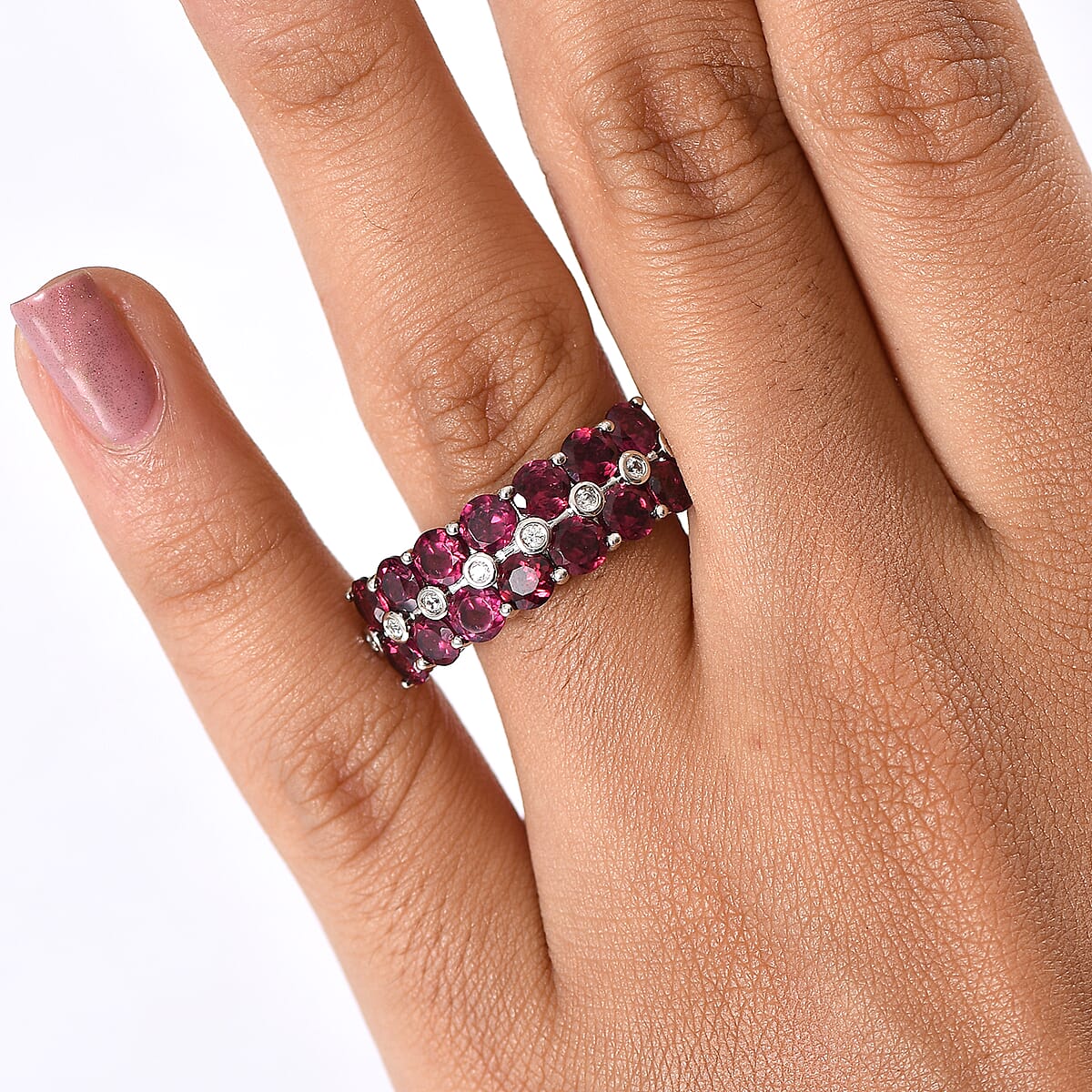 EverTrue Orissa Rhodolite Garnet and White Zircon 4.65 ctw Blooming Vine Ring in Platinum Bond (Size 8.0) image number 2