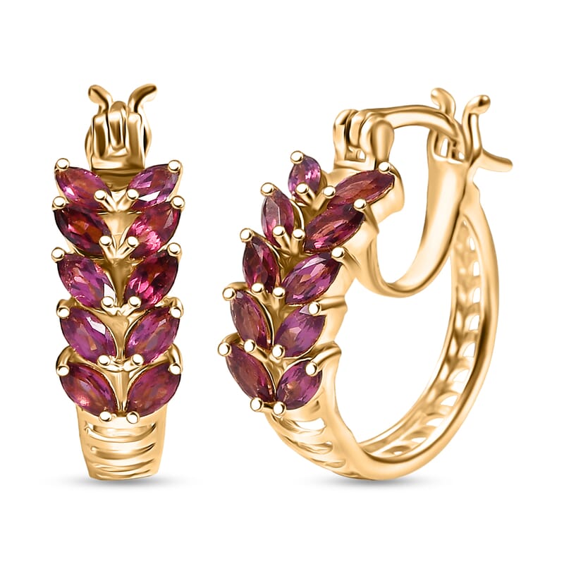 EverTrue Orissa Rhodolite Garnet 2.10 ctw Leaf Earrings in 18K YG Plated