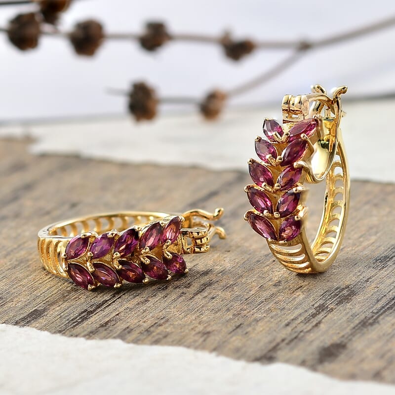 EverTrue Orissa Rhodolite Garnet 2.10 ctw Leaf Earrings in 18K YG Plated