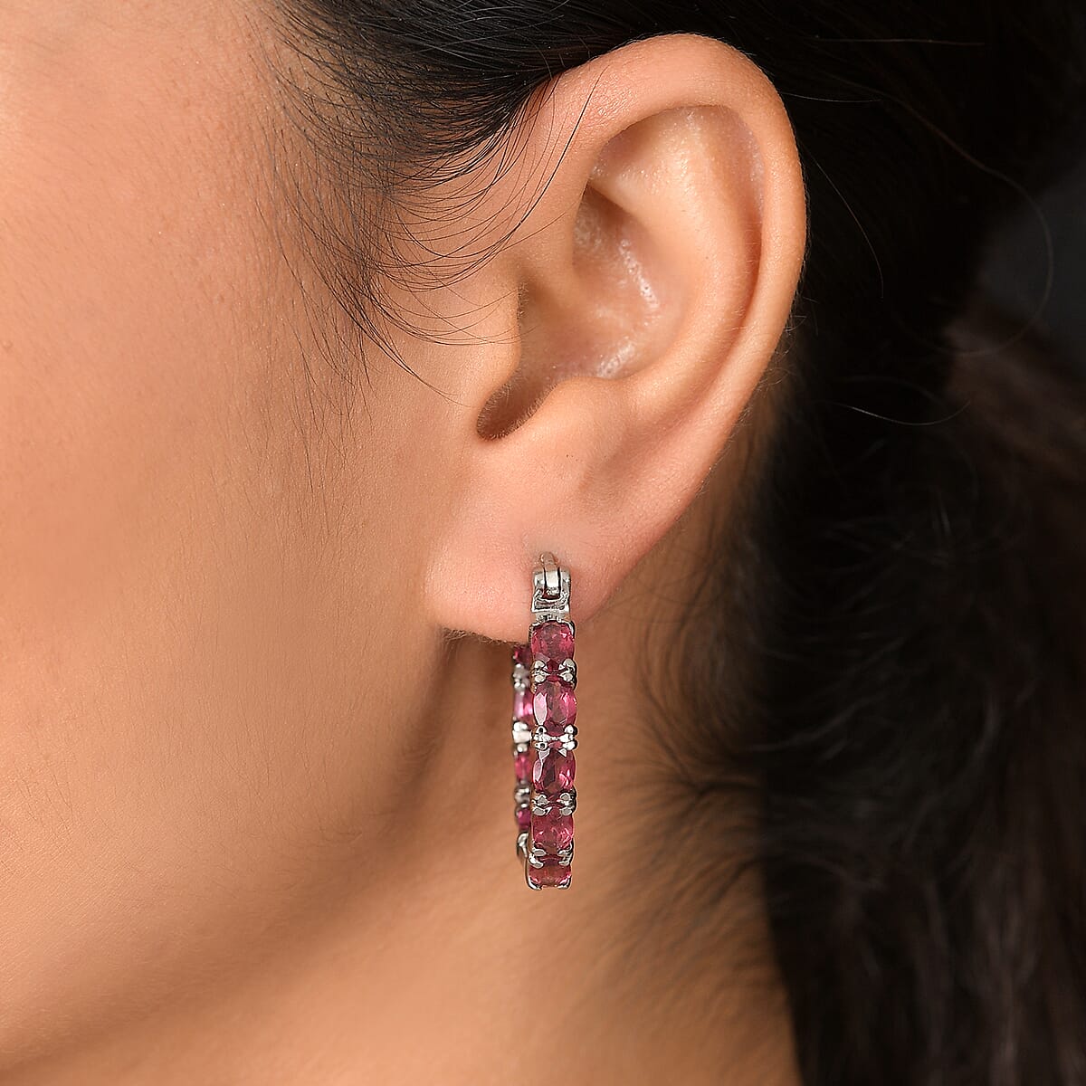 EverTrue Orissa Rhodolite Garnet 10.80 ctw Hoop Earrings in Stainless Steel image number 2