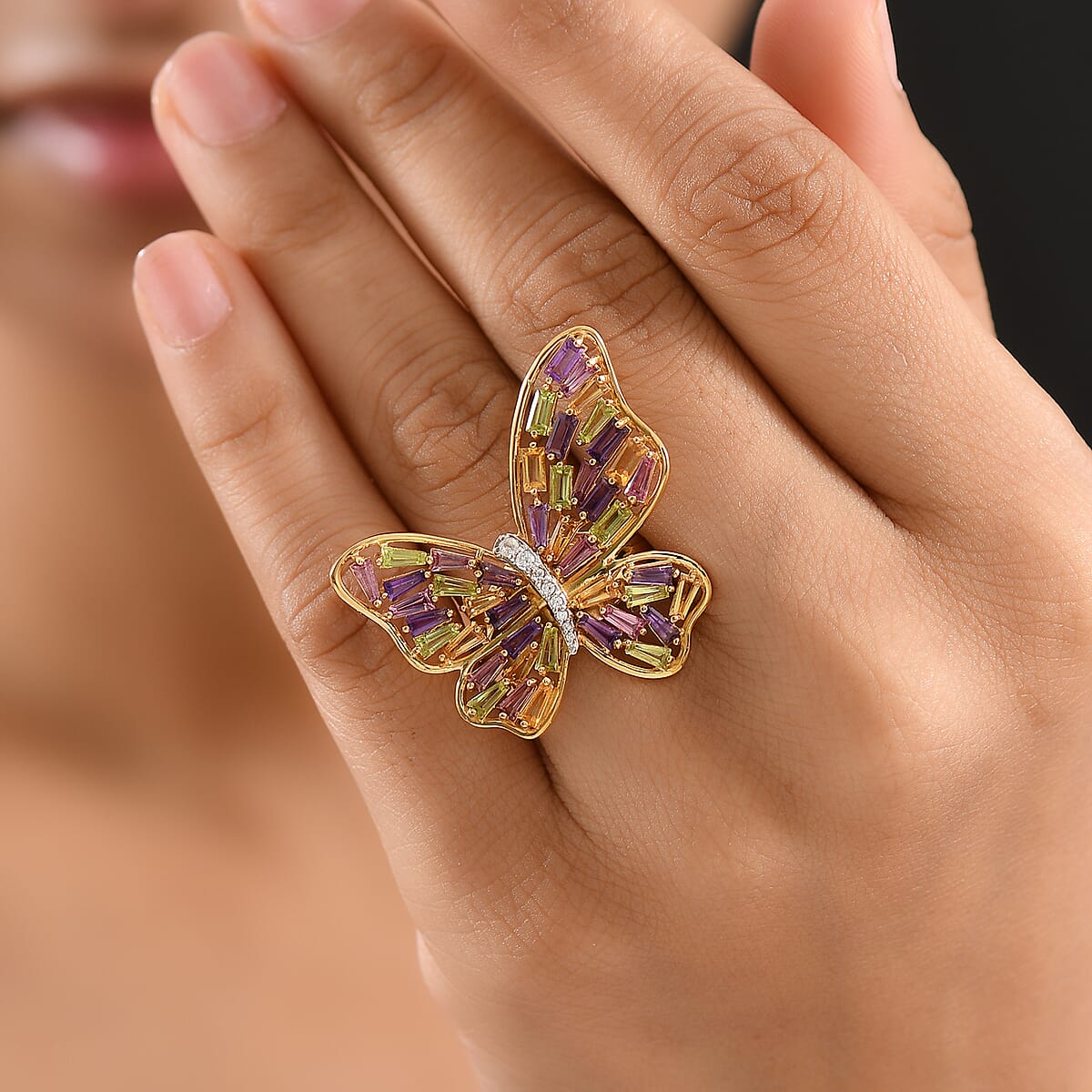 GP Multi Gemstone 4.15 ctw Butterfly Ring in 18K Vermeil Yellow Gold Over Sterling Silver (Size  10.0) image number 3