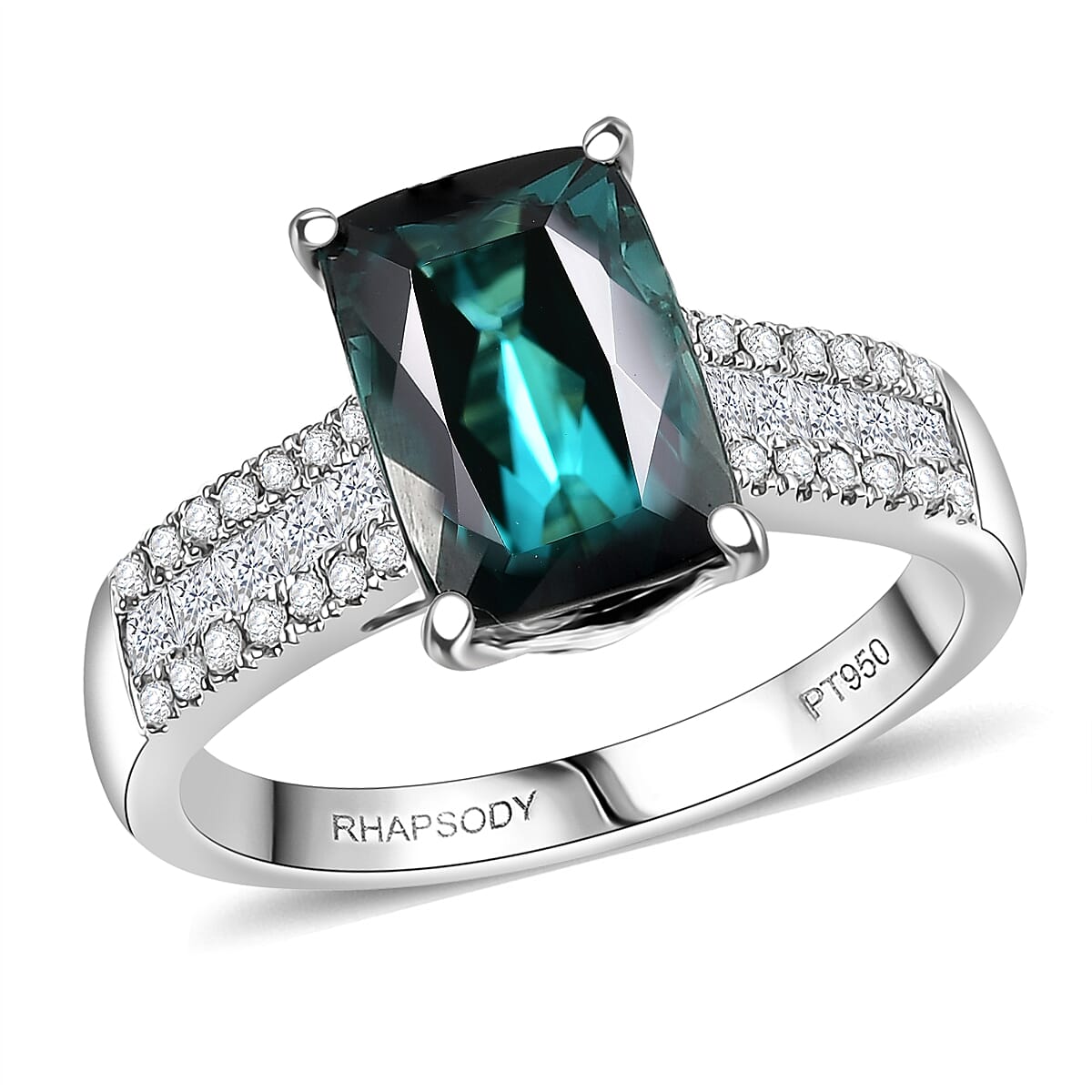 Certified & Appraised Rhapsody AAAA Monte Belo Indicolite and E-F VS Diamond 4.02 ctw Ring in 950 Platinum (Size 8.0) 6.30 Grams image number 0