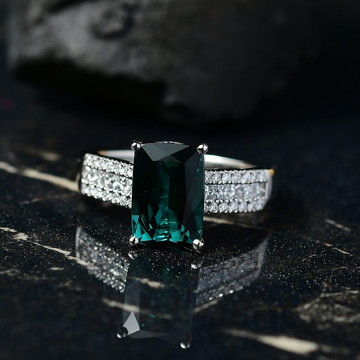 Certified & Appraised Rhapsody AAAA Monte Belo Indicolite and E-F VS Diamond 4.02 ctw Ring in 950 Platinum (Size 8.0) 6.30 Grams image number 1