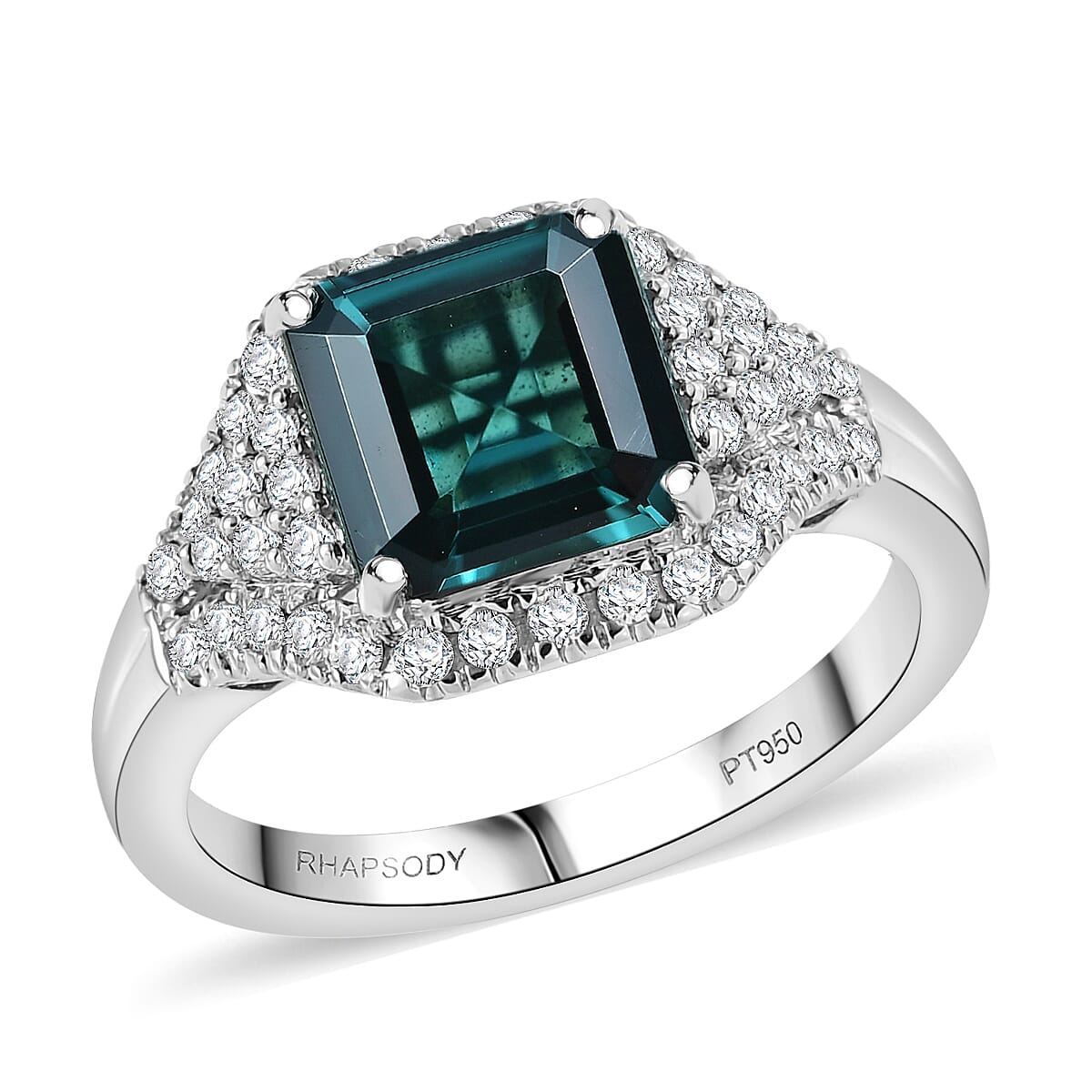 Certified & Appraised Rhapsody AAAA Monte Belo Indicolite and E-F VS Diamond 2.76 ctw Ring in 950 Platinum (Size 7.0) 6.75 Grams image number 0