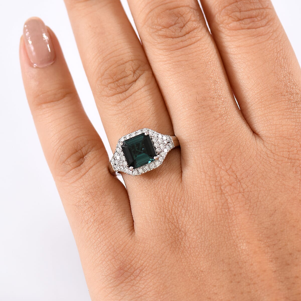Certified & Appraised Rhapsody AAAA Monte Belo Indicolite and E-F VS Diamond 2.76 ctw Ring in 950 Platinum (Size 7.0) 6.75 Grams image number 2