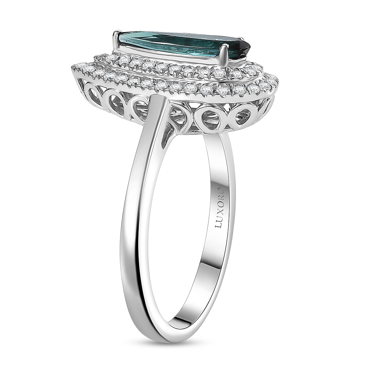 Certified & Appraised Luxoro AAA Monte Belo Indicolite and G-H I2 Diamond 1.24 ctw Ring in 10K White Gold (Size 8.0) image number 3