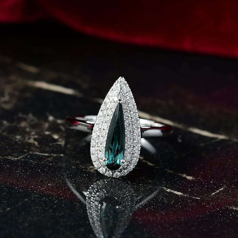 Certified & Appraised Luxoro AAA Monte Belo Indicolite and G-H I2 Diamond 1.24 ctw Ring in 10K White Gold (Size 9.5)