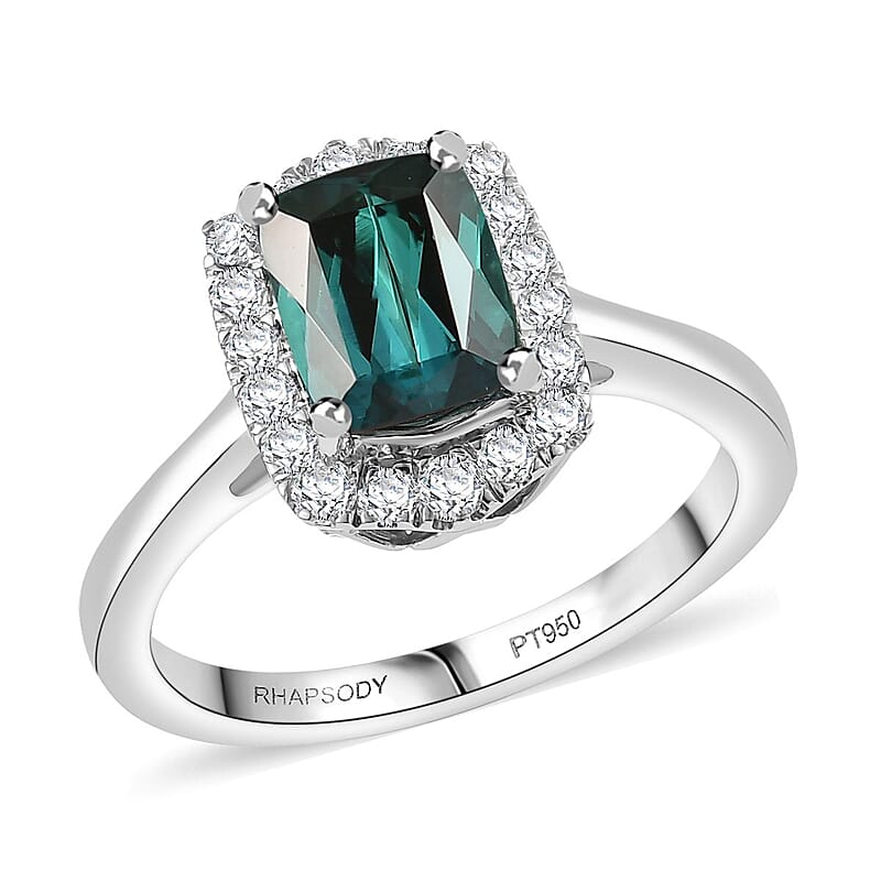 Certified & Appraised Rhapsody AAAA Monte Belo Indicolite and E-F VS Diamond 1.80 ctw Ring in 950 Platinum (Size 8.0) 5.80 Grams