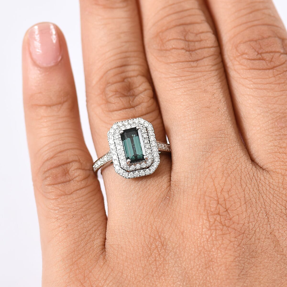 Certified & Appraised Rhapsody AAAA Monte Belo Indicolite and E-F VS Diamond 2.22 ctw Ring in 950 Platinum (Size 7.0) 6.45 Grams image number 2