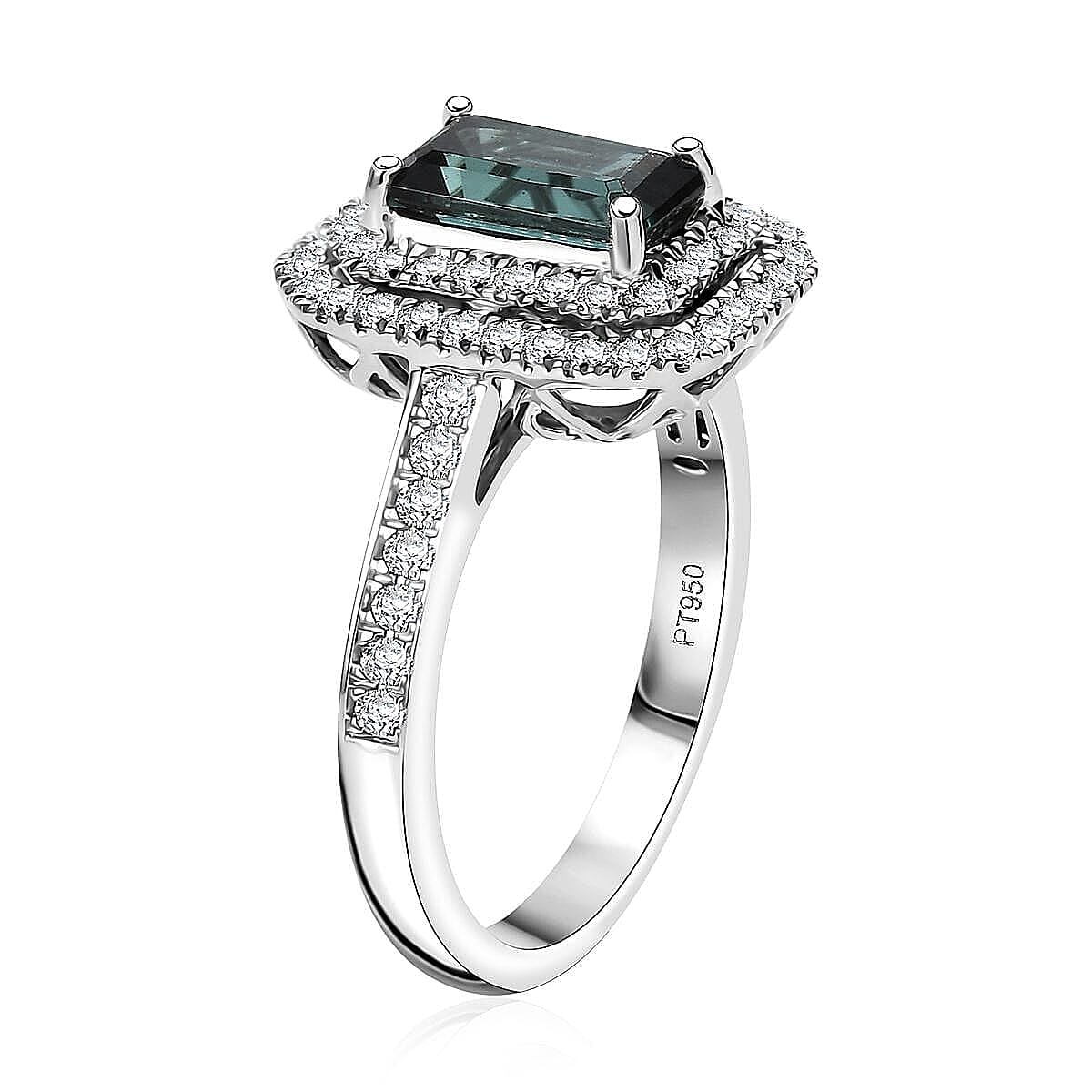 Certified & Appraised Rhapsody AAAA Monte Belo Indicolite and E-F VS Diamond 2.22 ctw Ring in 950 Platinum (Size 7.5) 6.45 Grams image number 3