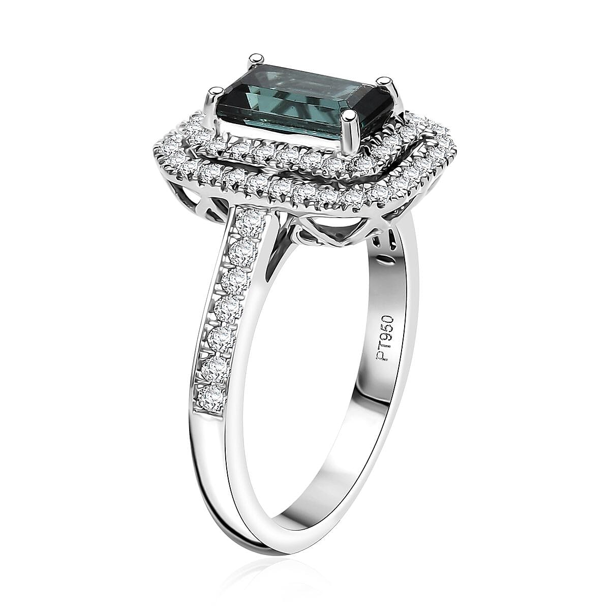 Certified & Appraised Rhapsody AAAA Monte Belo Indicolite and E-F VS Diamond 2.22 ctw Ring in 950 Platinum (Size 8.0) 6.45 Grams image number 3