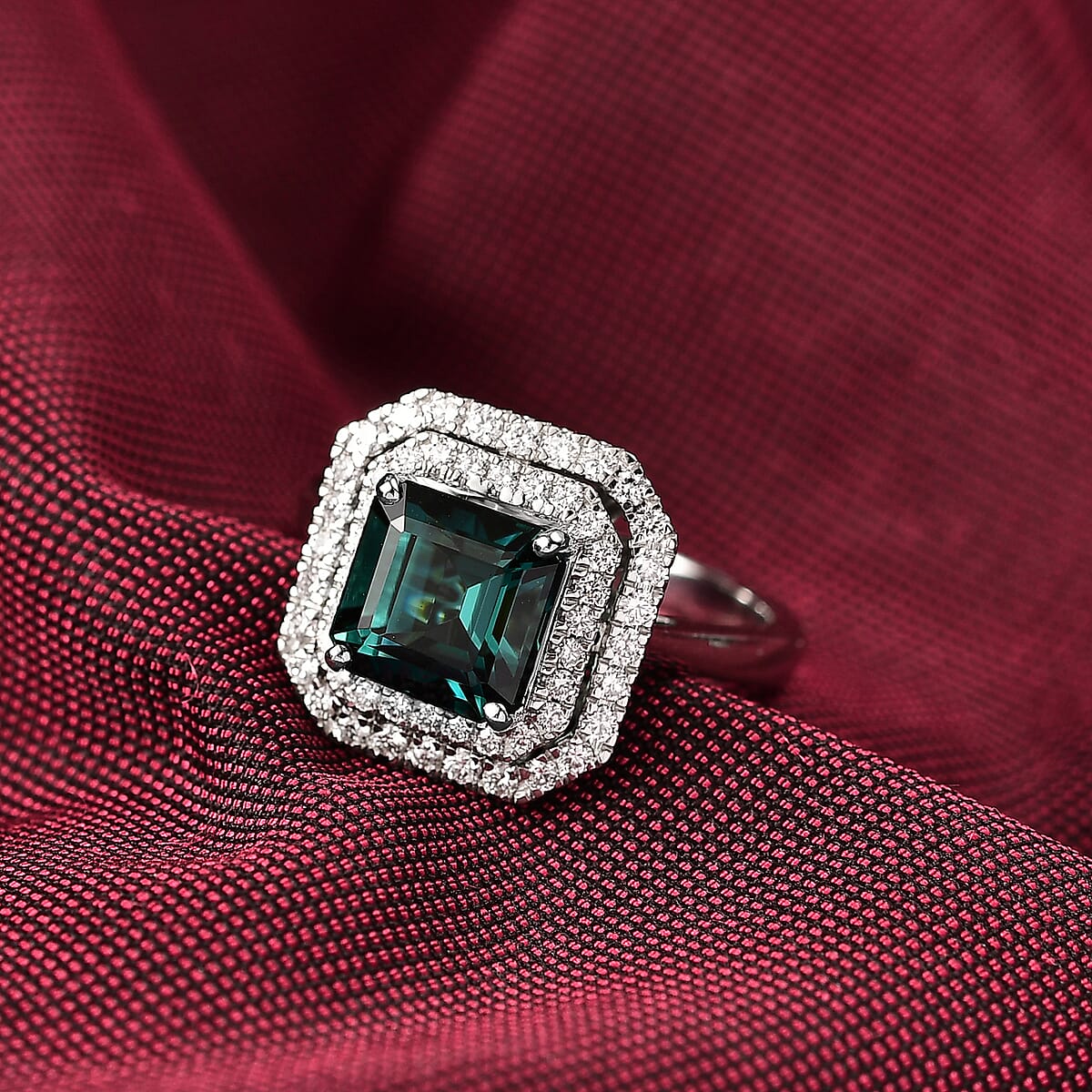 Certified & Appraised Rhapsody AAAA Monte Belo Indicolite and E-F VS Diamond 3.85 ctw Ring in 950 Platinum (Size 7.0) 7.22 Grams image number 1