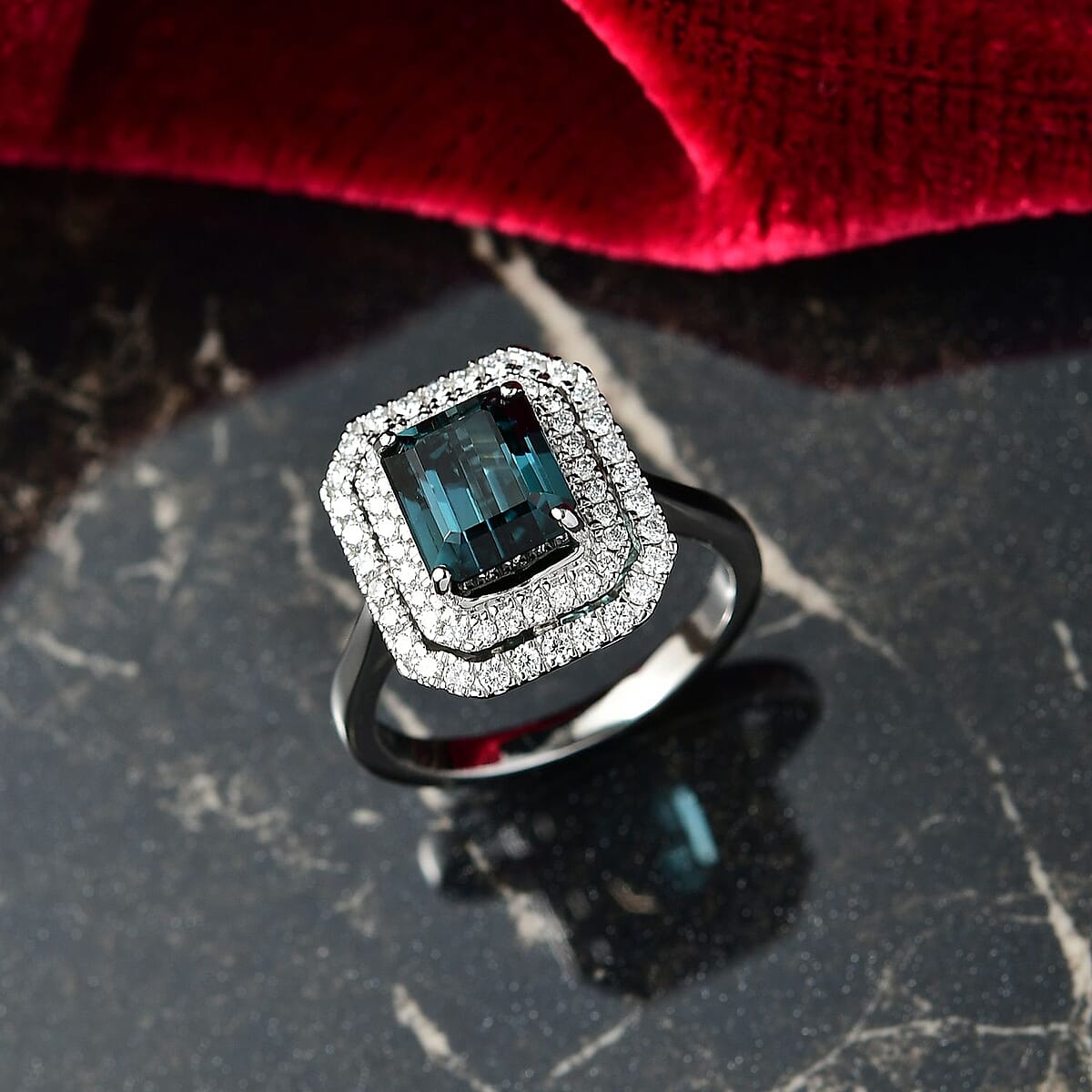 Certified & Appraised Rhapsody AAAA Monte Belo Indicolite and E-F VS Diamond 3.85 ctw Ring in 950 Platinum (Size 8.0) 7.22 Grams image number 1