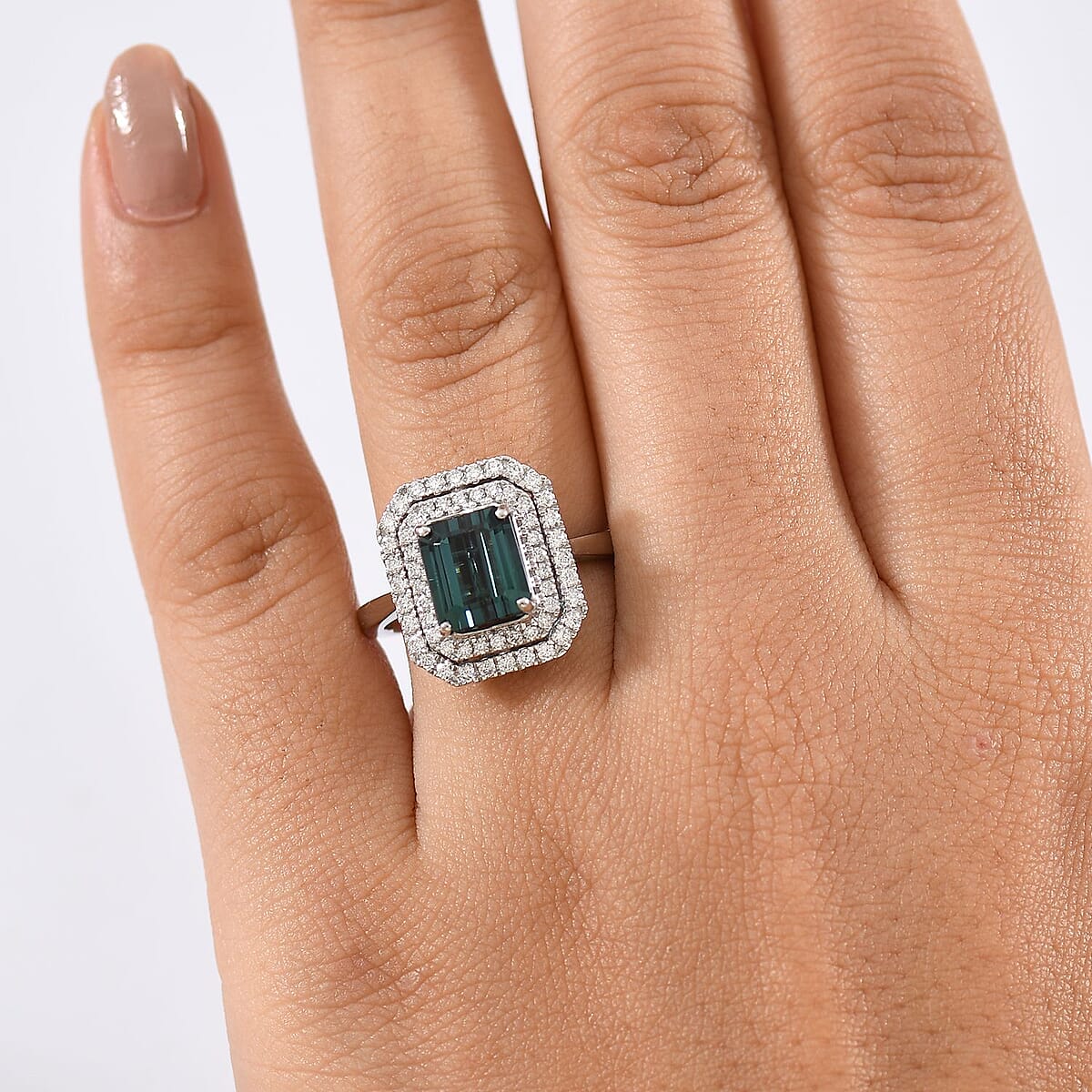 Certified & Appraised Rhapsody AAAA Monte Belo Indicolite and E-F VS Diamond 3.85 ctw Ring in 950 Platinum (Size 8.0) 7.22 Grams image number 2