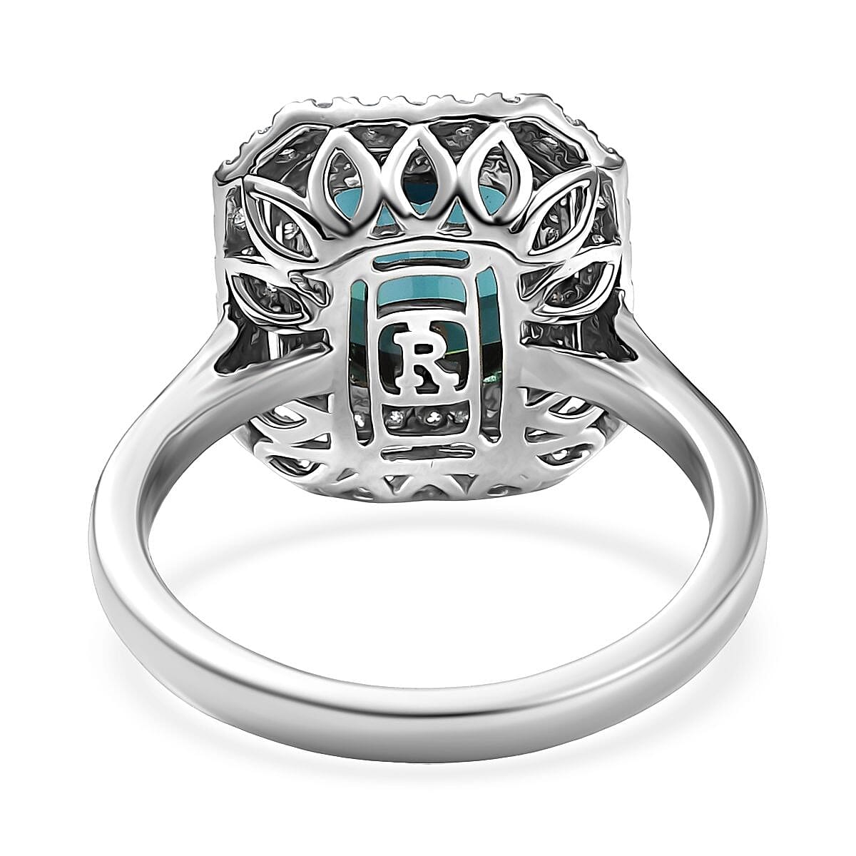 Certified & Appraised Rhapsody AAAA Monte Belo Indicolite and E-F VS Diamond 3.85 ctw Ring in 950 Platinum (Size 8.0) 7.22 Grams image number 4