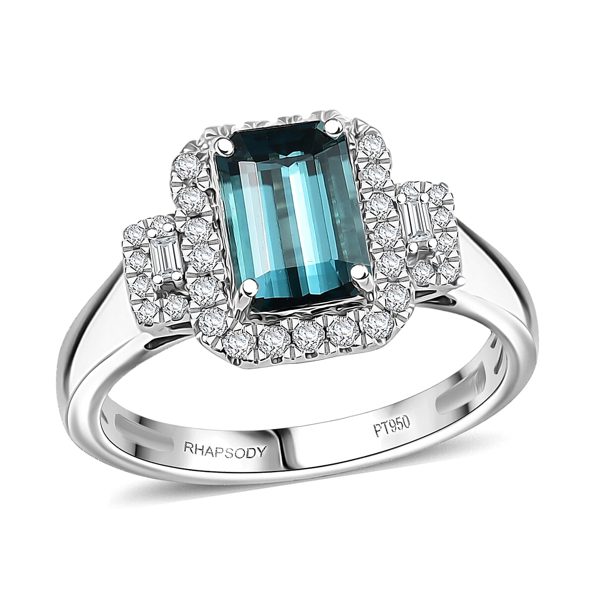 Certified & Appraised Rhapsody AAAA Monte Belo Indicolite and E-F VS Diamond 2.02 ctw Ring in 950 Platinum (Size 7.0) 6.05 Grams image number 0