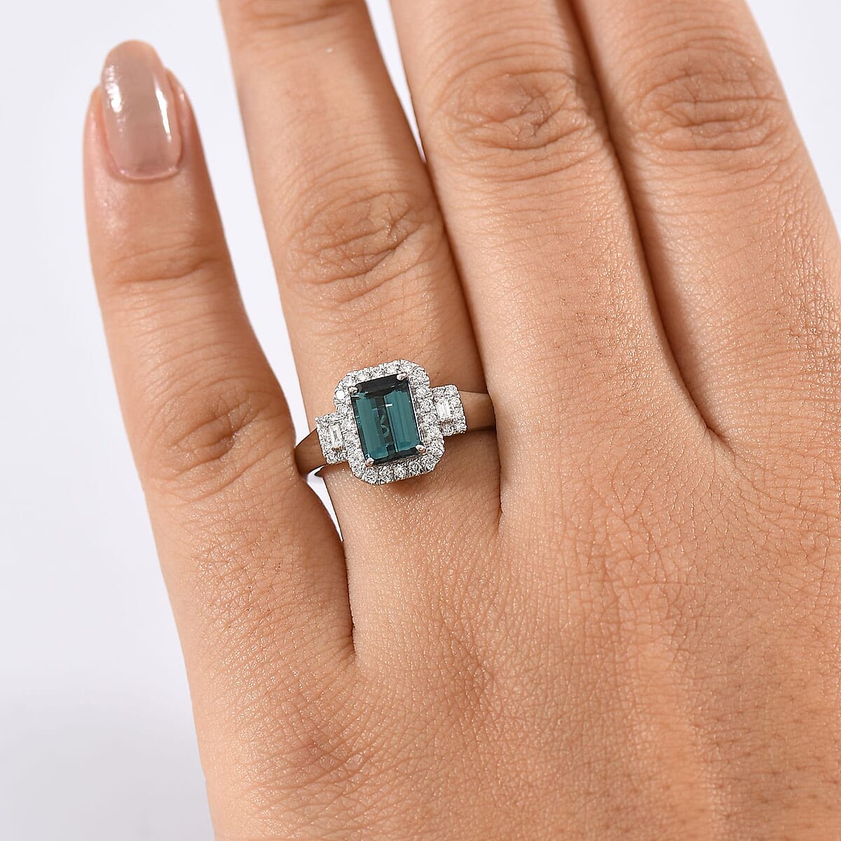 Certified & Appraised Rhapsody AAAA Monte Belo Indicolite and E-F VS Diamond 2.02 ctw Ring in 950 Platinum (Size 8.0) 6.05 Grams image number 2