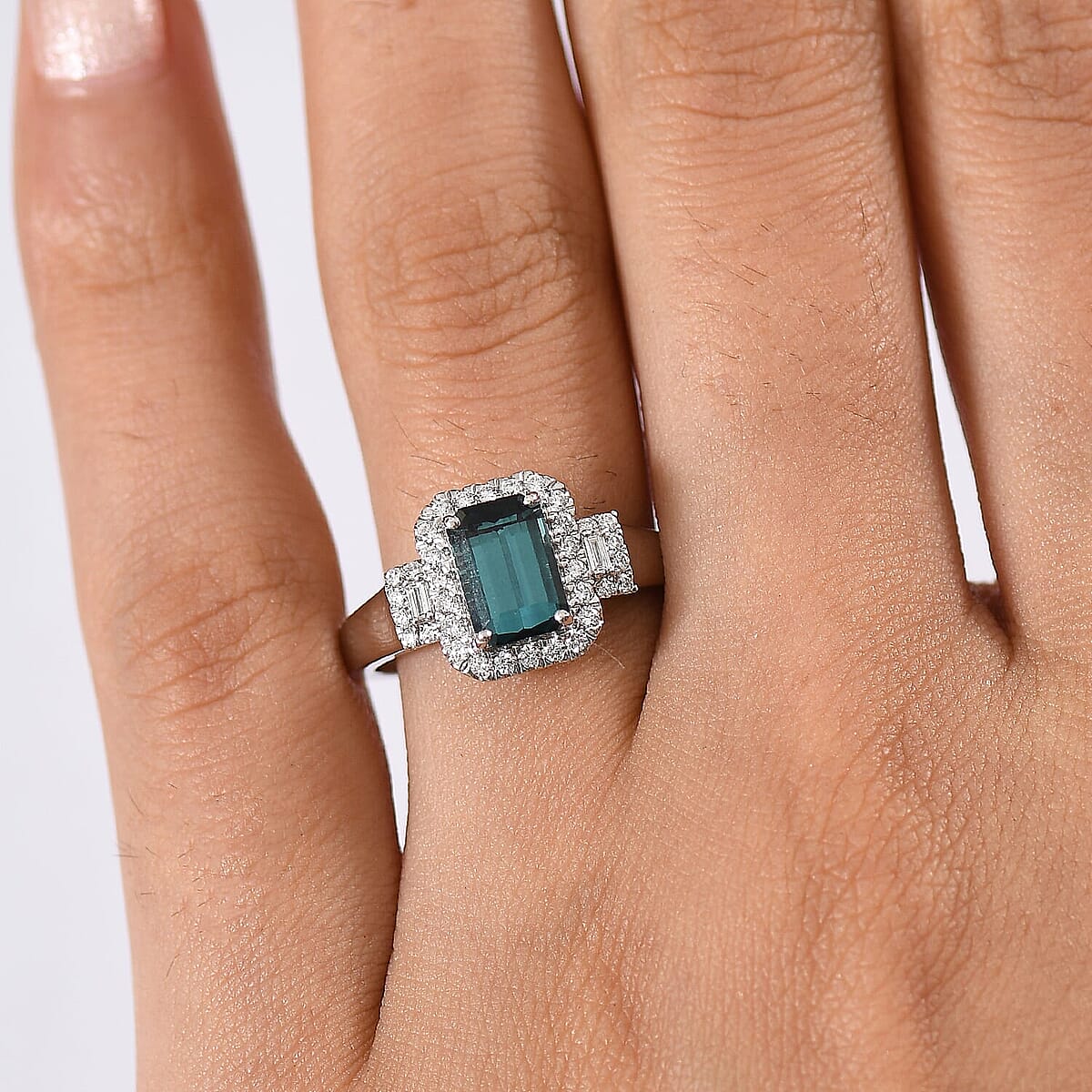 Certified & Appraised Rhapsody AAAA Monte Belo Indicolite and E-F VS Diamond 2.02 ctw Ring in 950 Platinum (Size 9.0) 6.05 Grams image number 2