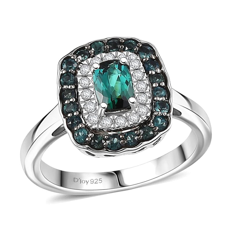 D'Joy Monte Belo Indicolite, Moissanite Ring in Rhodium Over Sterling Silver (Size 10.0) 1.02 ctw