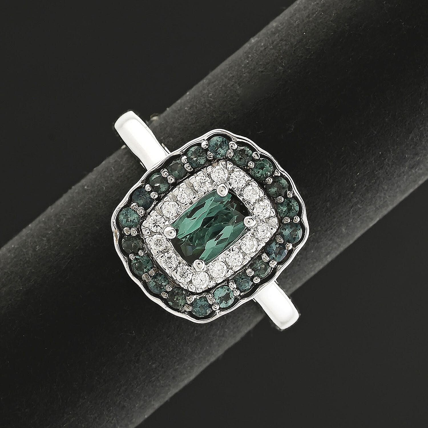 D'Joy Monte Belo Indicolite, Moissanite Ring in Rhodium Over Sterling Silver (Size 10.0) 1.02 ctw