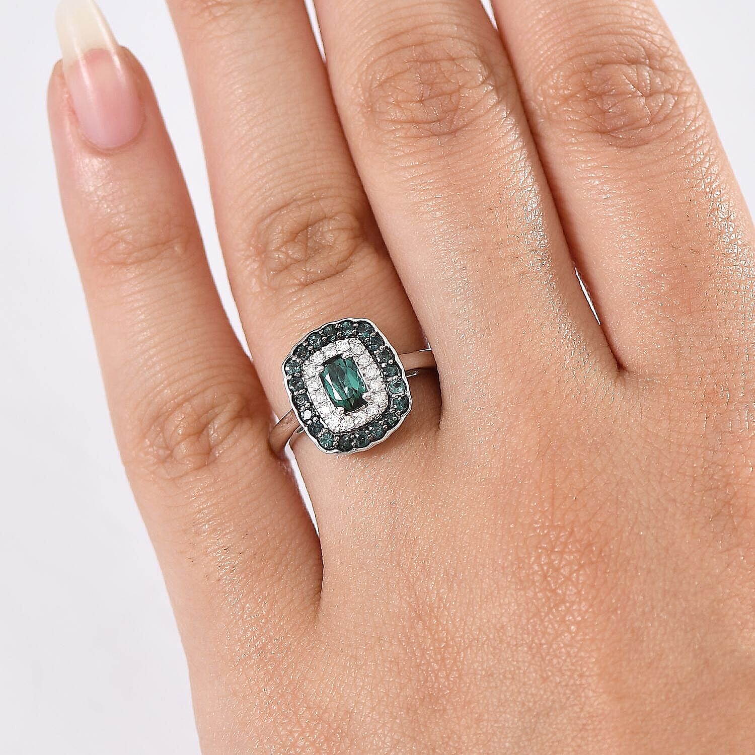 D'Joy Monte Belo Indicolite, Moissanite Ring in Rhodium Over Sterling Silver (Size 10.0) 1.02 ctw