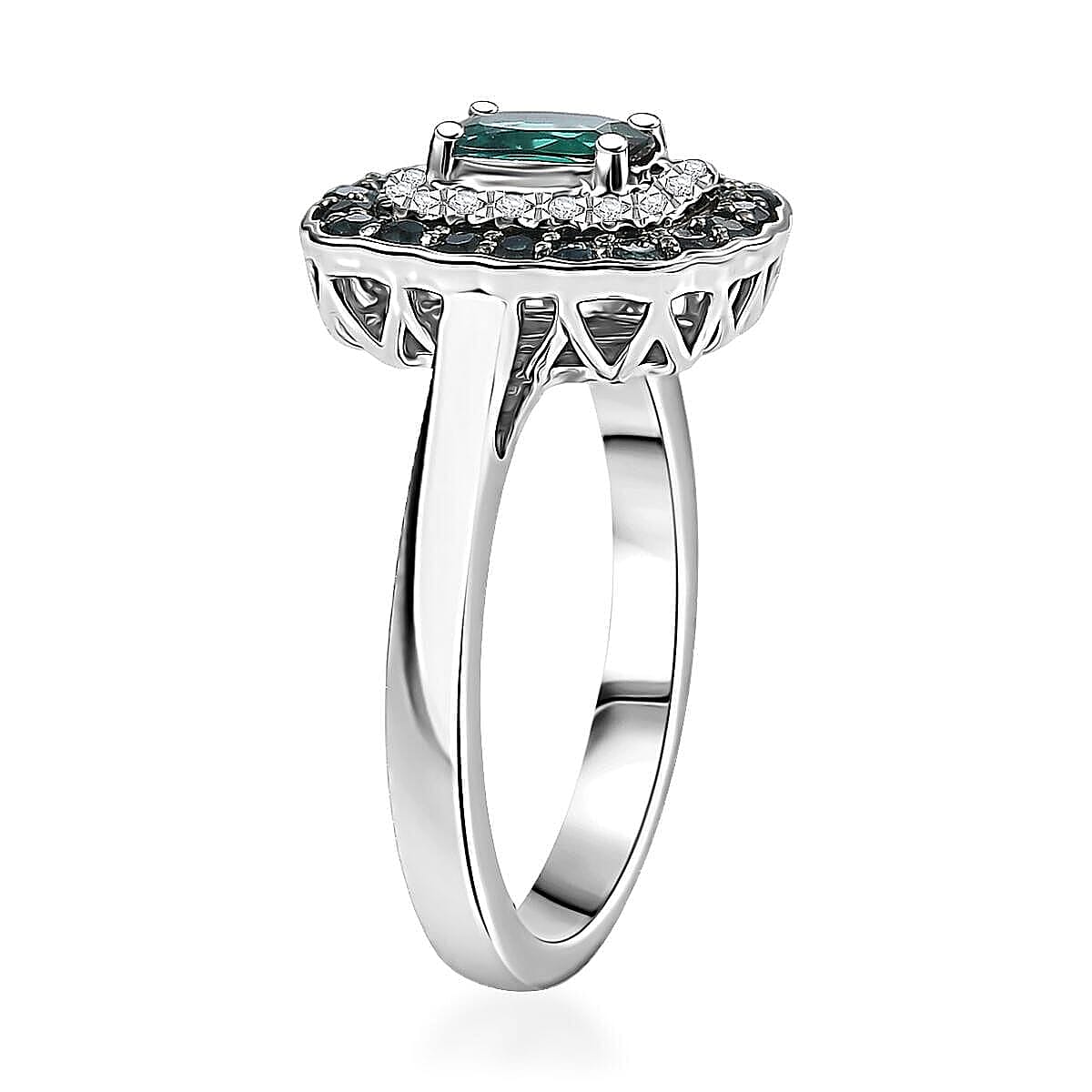 D'Joy Monte Belo Indicolite, Moissanite Ring in Rhodium Over Sterling Silver (Size 10.0) 1.02 ctw