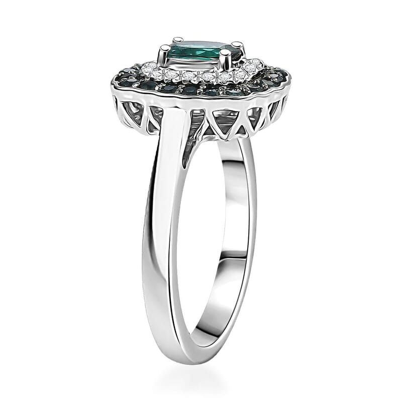 D'Joy Monte Belo Indicolite, Moissanite Ring in Rhodium Over Sterling Silver (Size 10.0) 1.02 ctw