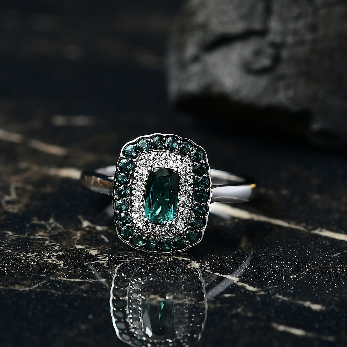 D'Joy Monte Belo Indicolite and Moissanite 1.02 ctw Ring in Rhodium Over Sterling Silver (Size 8.0) image number 1