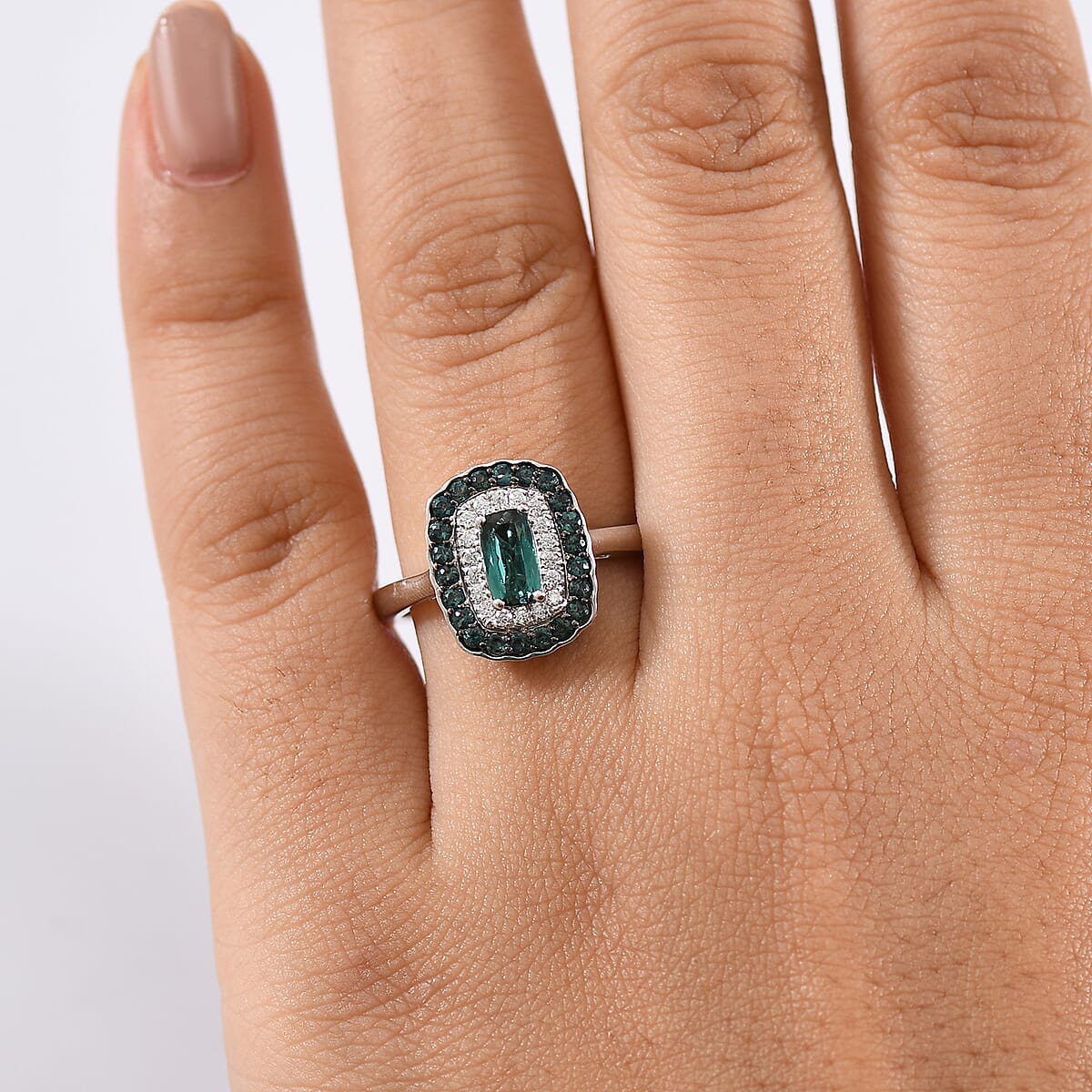 D'Joy Monte Belo Indicolite and Moissanite 1.02 ctw Ring in Rhodium Over Sterling Silver (Size 8.0) image number 2